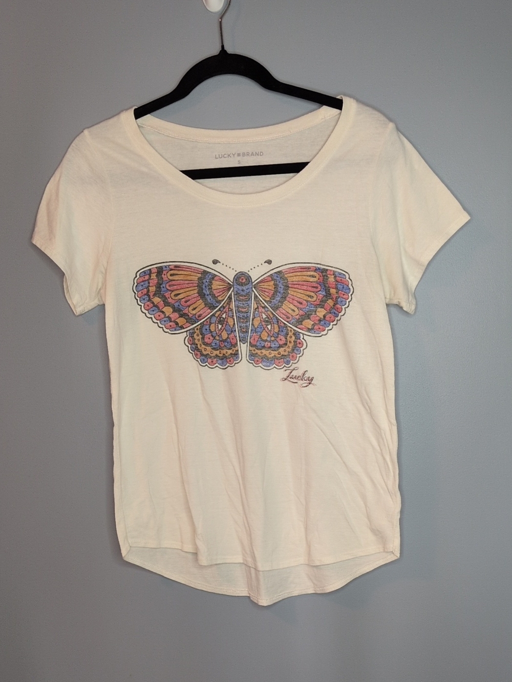 Lucky Brand Cream Tee with Multicolor Butterfly Print Size S Small Women's